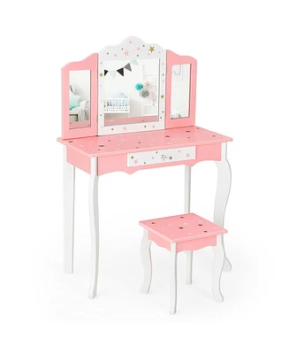Kids Princess Vanity Table and Stool Set with Tri-folding Mirror and Drawer