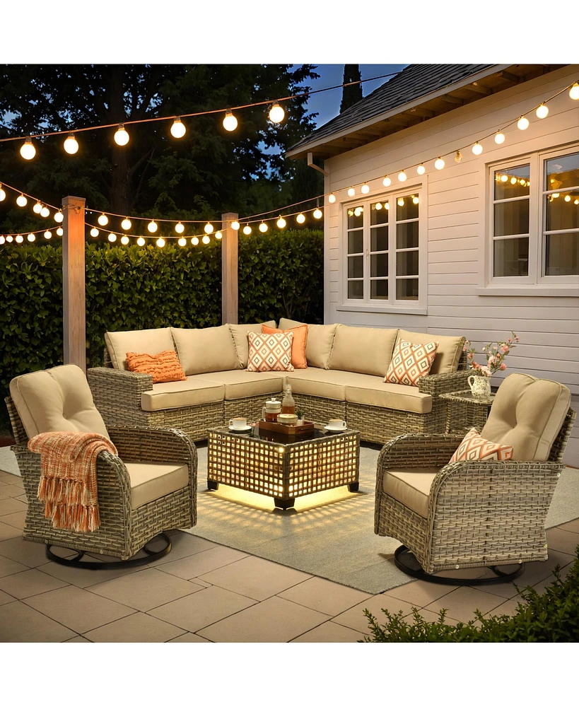 Xizzi 9 Pieces Outdoor Patio Furniture Set,Rattan Sectional Sofa Couch,Outside Coversation Set with Extra Deep Swivel Chairs and Solar Coffee Table fo