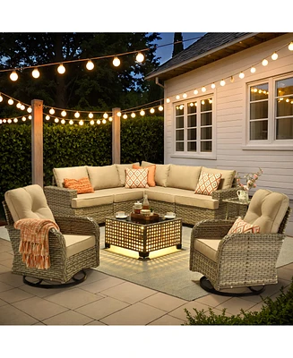 Xizzi 9 Pieces Outdoor Patio Furniture Set,Rattan Sectional Sofa Couch,Outside Coversation Set with Extra Deep Swivel Chairs and Solar Coffee Table fo