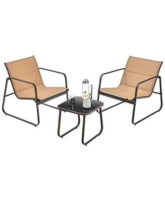 3 Pieces Patio Conversation Set Outdoor Metal Chair & Table Tempered Glass Top