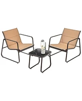 3 Pieces Patio Conversation Set Outdoor Metal Chair & Table Tempered Glass Top