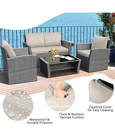 Gymax 4 Piece Outdoor Furniture Set Patio Rattan Conversation Set w/ Cushions