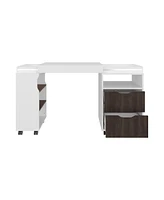 Odessa Extendable Desk, 2 Drawers, 4 Shelves, 4 Wheels, White/Walnut