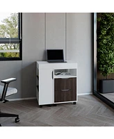 Odessa Extendable Desk, 2 Drawers, 4 Shelves, 4 Wheels, White/Walnut