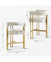 Set of 3 Counter Height Bar Stools, Chenille Upholstered Chairs with Gold Metal Legs-Maison Boucle