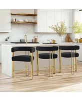 Set of 3 Counter Height Bar Stools, Chenille Upholstered Chairs with Gold Metal Legs-Maison Boucle