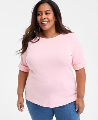 Style & Co Plus Boat-Neck Elbow Sleeve Cotton Top, Exclusively at Macy's