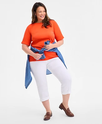 Style & Co Plus Boat-Neck Elbow Sleeve Cotton Top, Exclusively at Macy's