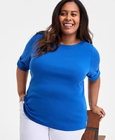 Style & Co Plus Boat-Neck Elbow Sleeve Cotton Top, Exclusively at Macy's