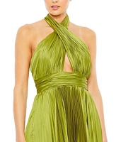 Mac Duggal Women's Pleated Halter Neck Asymmetrical Hem Gown