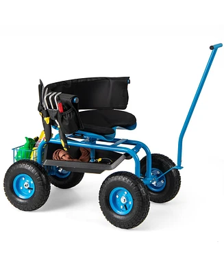 Rolling Garden Cart with Height Adjustable Swivel Seat and Storage Basket