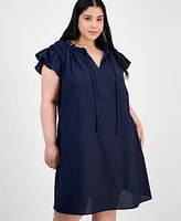 Robbie Bee Plus Flutter-Sleeve Tie-Neck Shift Dress