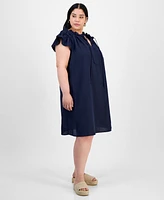 Robbie Bee Plus Flutter-Sleeve Tie-Neck Shift Dress
