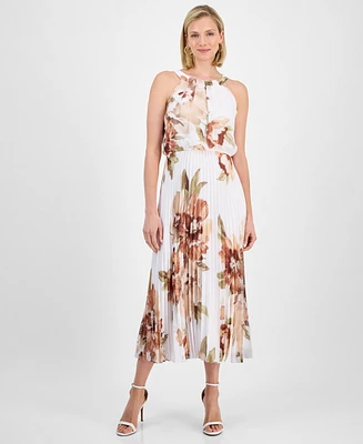 Robbie Bee Petite Floral-Print Elastic-Waist Pleated Halter Midi Dress