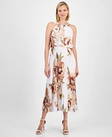 Robbie Bee Petite Floral-Print Elastic-Waist Pleated Halter Midi Dress