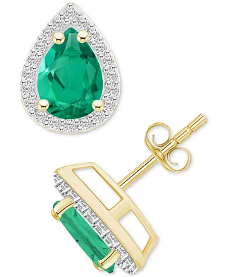 Lab-Created Emerald (1-1/3 ct. t.w.) & White Sapphire Pear Halo Stud Earrings 10k Gold
