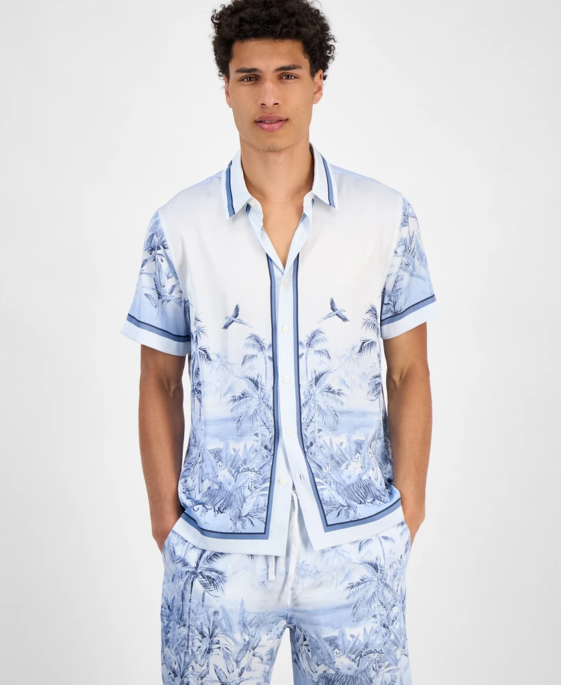 Guess Men's Short Sleeve Button Front Jungle Scenery Shirt