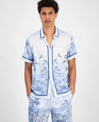 Guess Men's Short Sleeve Button Front Jungle Scenery Shirt