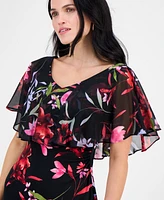 Connected Petite Printed Cape-Overlay Midi Dress