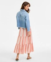 Liverpool Los Angeles Womens Striped Denim Cropped Shacket Flutter Sleeve Maxi Dress