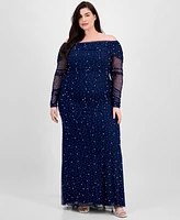 B Darlin Trendy Plus Off-The-Shoulder Pearl Gown
