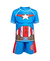 Avengers Boys Marvel Spider-Man Captain America Hulk Iron Man Pullover Rash Guard & Swim Trunks Outfit Set to