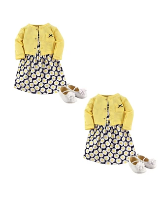 Hudson Baby Girls Cotton Dress, Cardigan and Shoe Set, Daisy 6-Piece, 9-12 Months