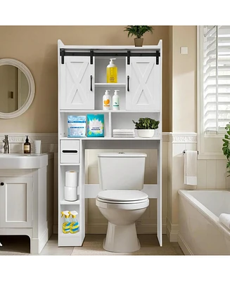 Over The Toilet Storage Cabinet, Bathroom Storage Organizer with Barn Doors and Adjustable Shelves, Farmhouse Space-Saving Toilet Rack with Paper Towe