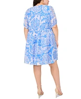 Msk Plus Printed Tie-Neck Puff-Sleeve Dress