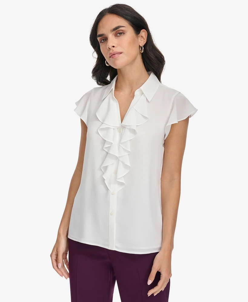 Calvin Klein Women's Collared Ruffled Short-Sleeve Blouse