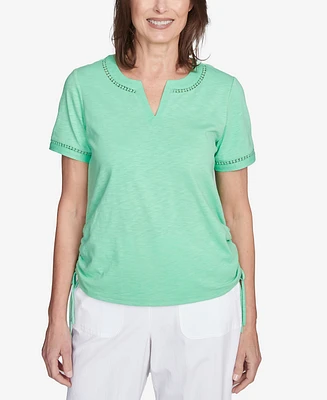 Alfred Dunner Petite Rise & Shine Dot Lace Trimmed Short Sleeve Top