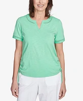 Alfred Dunner Petite Rise & Shine Dot Lace Trimmed Short Sleeve Top