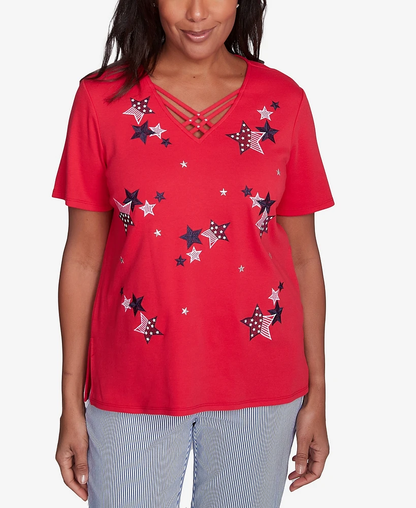 Alfred Dunner Petite Land of The Free Embroidered Stars Crisscross V-Neck Top