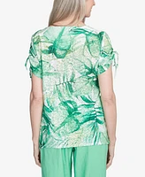 Alfred Dunner Petite Rise & Shine Monotone Tropical Leaf Top