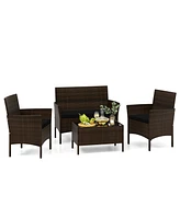 Gymax 4 Pcs Outdoor Wicker Furniture Set Patio Rattan Conversation Set w/ Chair Cushions