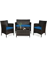 Gymax Set of Outdoor Patio Rattan Conversation Furniture Set w/ Cushion Table