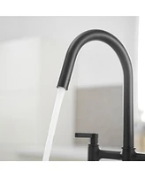 Modern Double Handle 4-Holes Deck Mount Bridge Kitchen Faucet with Side Sprayer Sink Faucet 360 Swivel Spout in Black