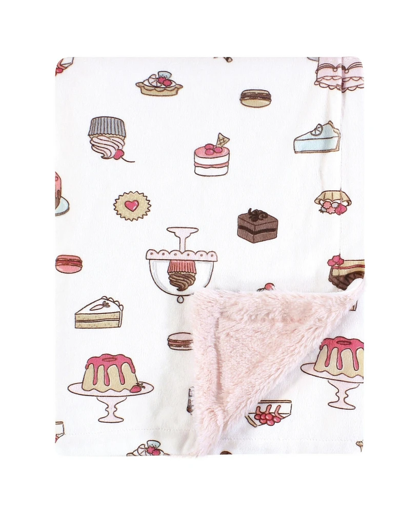 Hudson Baby Infant Girl Plush Blanket with Furry Binding and Back, Sweet Bakery, One Size