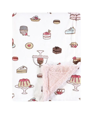 Hudson Baby Infant Girl Plush Blanket with Furry Binding and Back, Sweet Bakery, One Size