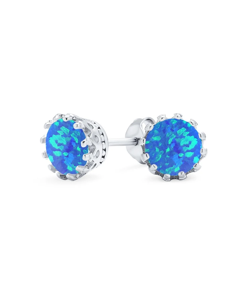 Bling Jewelry Iridescent Crown Setting Created Opal Solitaire Stud Earrings Rose Gold Plated .925 Sterling Silver White Blue Orange 6