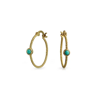 Bling Jewelry Twisted Cable Rope Thin Hoop Earrings Stabilized Turquoise Accent Western Jewelry Gold Plated .925 Sterling Silver