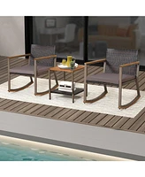 3 Pieces Rattan Rocking Bistro Set with Table and Cushions