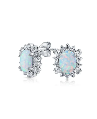 Bling Jewelry Estate Style Jewelry Oval Created Opal Crown Baguette Halo Cz Stud Earrings .925 Sterling Silver 12MM