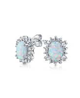 Bling Jewelry Estate Style Jewelry Oval Created Opal Crown Baguette Halo Cz Stud Earrings .925 Sterling Silver 12MM