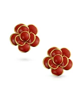 Bling Jewelry 3D Rose Flower Spring Retro Enamel Button Style Stud Earrings Gold Plated Brass