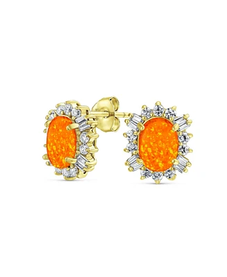 Bling Jewelry Estate Style Oval Created Opal Crown Baguette Halo Cz Stud Earrings .925 Sterling Silver 12MM