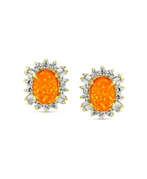 Bling Jewelry Estate Style Oval Created Opal Crown Baguette Halo Cz Stud Earrings .925 Sterling Silver 12MM