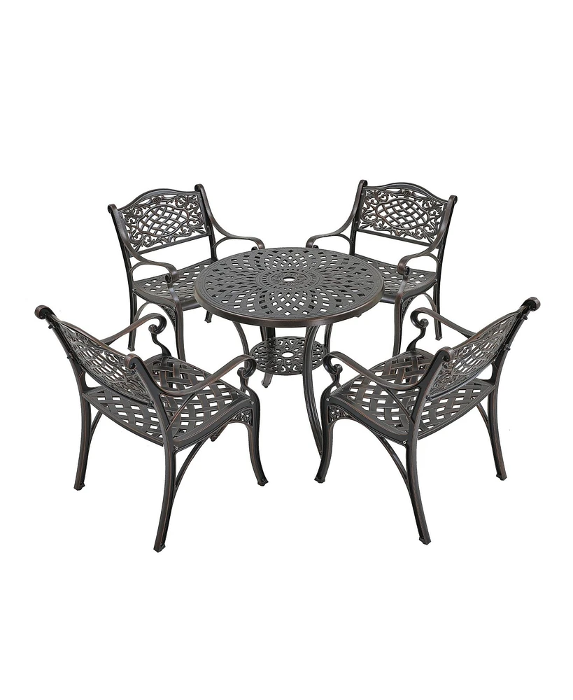 5-Piece Cast Aluminum Outdoor Dining Set Patio Table with Umbrella Hole Chairs Bronze