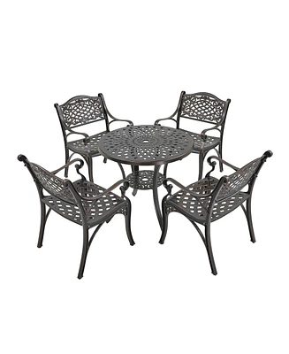 5-Piece Cast Aluminum Outdoor Dining Set Patio Table with Umbrella Hole Chairs Bronze