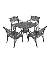 5-Piece Cast Aluminum Outdoor Dining Set Patio Table with Umbrella Hole Chairs Bronze